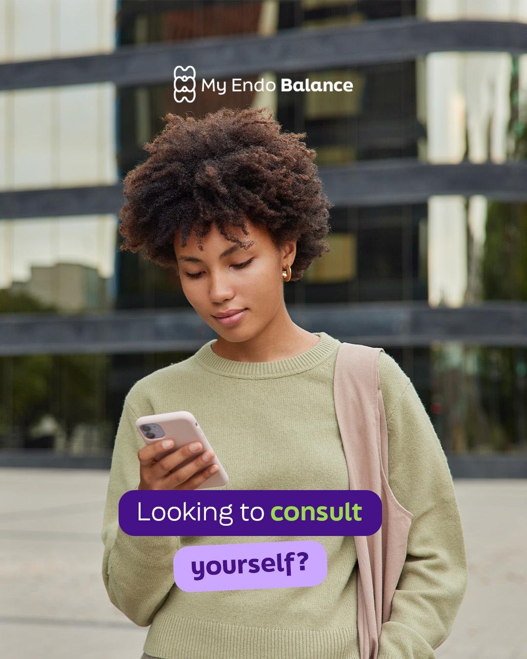 Woman holding her phone with text that reads: ‘Looking to consult yourself?’ promoting virtual endocrine consultations.