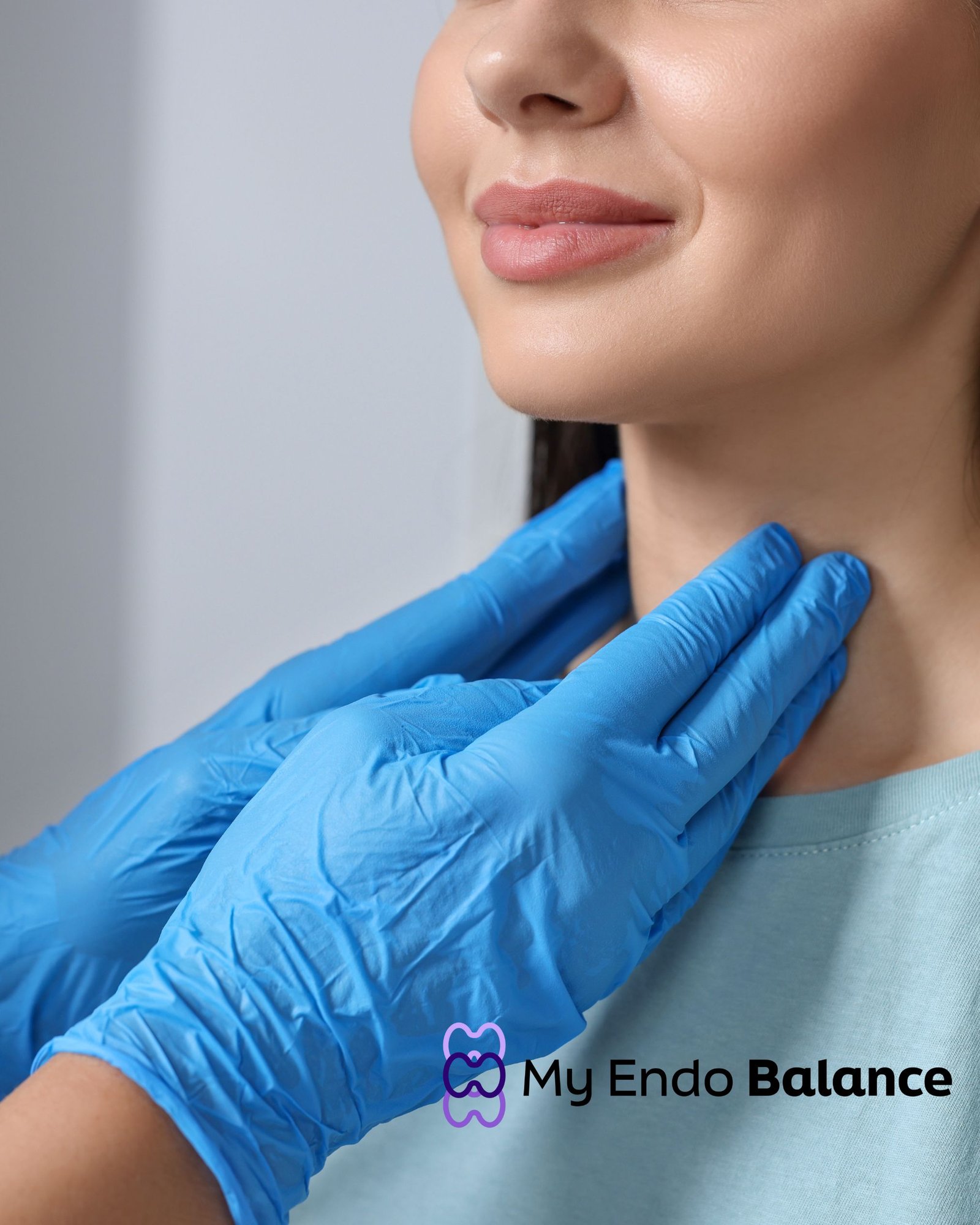 Patient touching her neck to check thyroid health – endocrinology care in Miami.